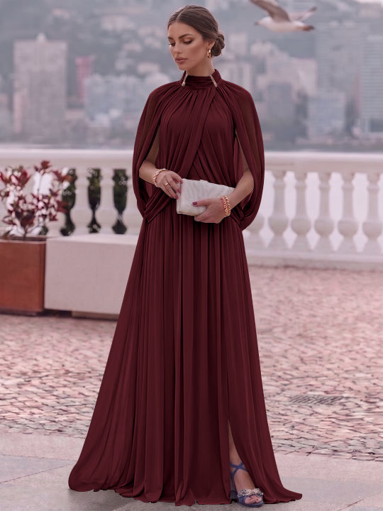 A-Line/Princess Mock Neck Chiffon Evening Dresses Cape Sleeves Floor-Length Ruched Formal Dresses