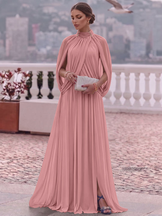 A-Line/Princess Mock Neck Chiffon Evening Dresses Cape Sleeves Floor-Length Ruched Formal Dresses