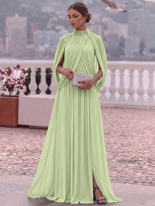 A-Line/Princess Mock Neck Chiffon Evening Dresses Cape Sleeves Floor-Length Ruched Formal Dresses