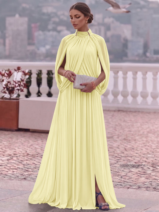 A-Line/Princess Mock Neck Chiffon Evening Dresses Cape Sleeves Floor-Length Ruched Formal Dresses