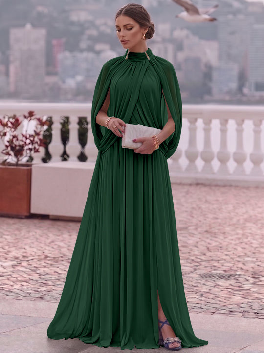 A-Line/Princess Mock Neck Chiffon Evening Dresses Cape Sleeves Floor-Length Ruched Formal Dresses