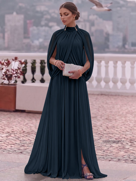 A-Line/Princess Mock Neck Chiffon Evening Dresses Cape Sleeves Floor-Length Ruched Formal Dresses
