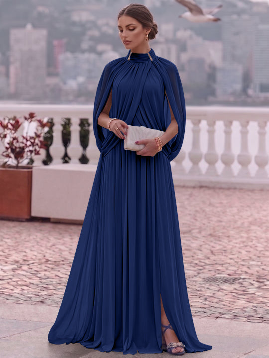 A-Line/Princess Mock Neck Chiffon Evening Dresses Cape Sleeves Floor-Length Ruched Formal Dresses