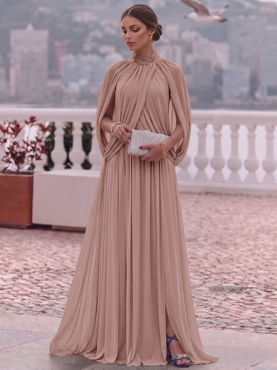A-Line/Princess Mock Neck Chiffon Evening Dresses Cape Sleeves Floor-Length Ruched Formal Dresses