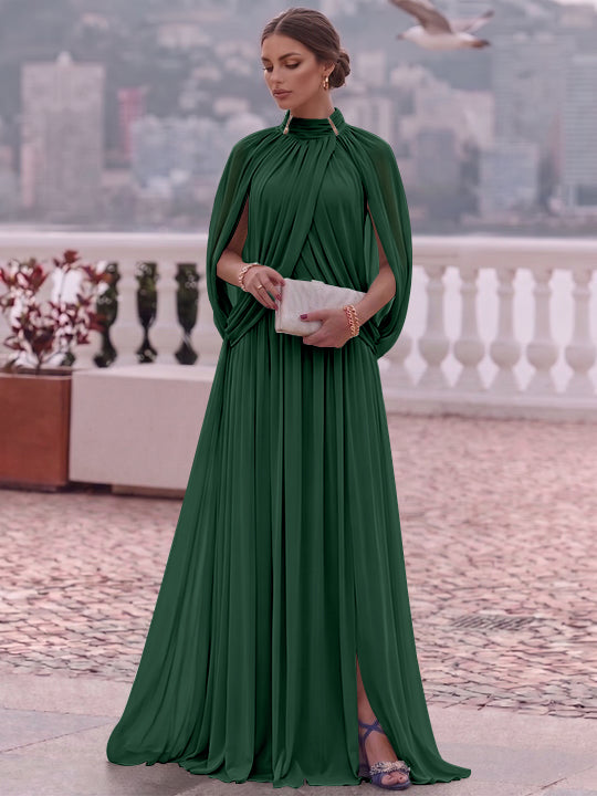 A-Line/Princess Mock Neck Chiffon Evening Dresses Cape Sleeves Floor-Length Ruched Formal Dresses