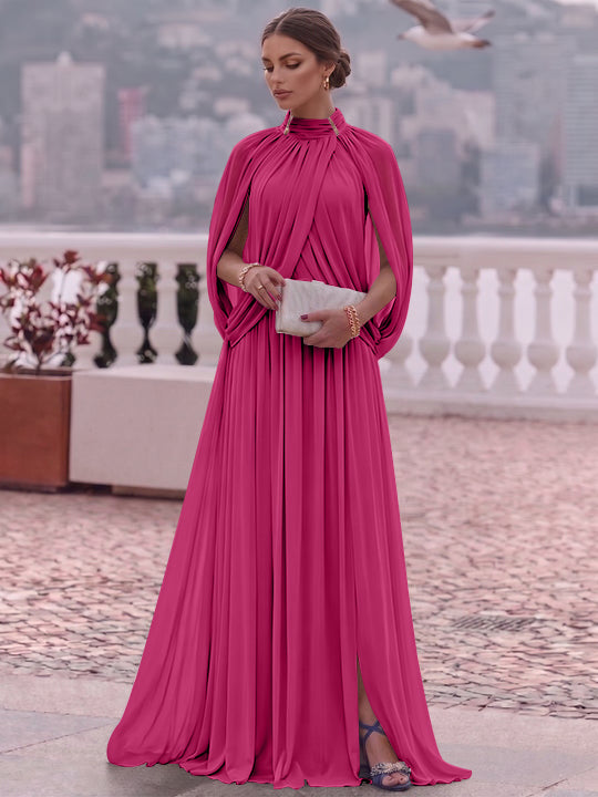 A-Line/Princess Mock Neck Chiffon Evening Dresses Cape Sleeves Floor-Length Ruched Formal Dresses