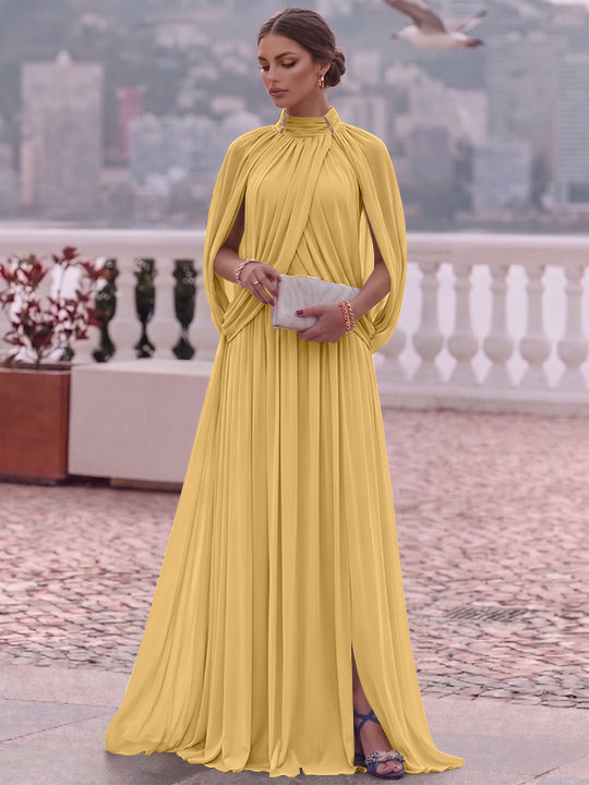 A-Line/Princess Mock Neck Chiffon Evening Dresses Cape Sleeves Floor-Length Ruched Formal Dresses