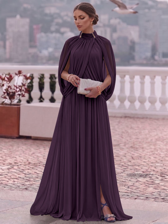 A-Line/Princess Mock Neck Chiffon Evening Dresses Cape Sleeves Floor-Length Ruched Formal Dresses