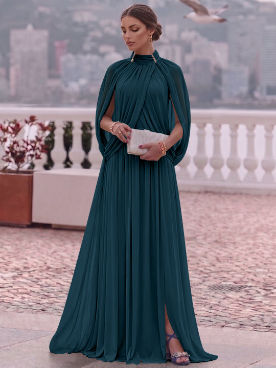 A-Line/Princess Mock Neck Chiffon Evening Dresses Cape Sleeves Floor-Length Ruched Formal Dresses