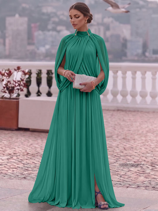 A-Line/Princess Mock Neck Chiffon Evening Dresses Cape Sleeves Floor-Length Ruched Formal Dresses