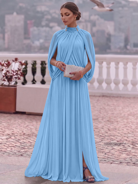 A-Line/Princess Mock Neck Chiffon Evening Dresses Cape Sleeves Floor-Length Ruched Formal Dresses