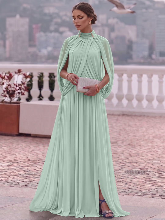 A-Line/Princess Mock Neck Chiffon Evening Dresses Cape Sleeves Floor-Length Ruched Formal Dresses