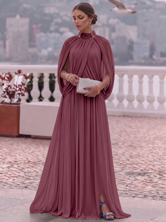 A-Line/Princess Mock Neck Chiffon Evening Dresses Cape Sleeves Floor-Length Ruched Formal Dresses