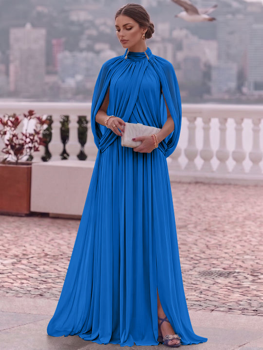 A-Line/Princess Mock Neck Chiffon Evening Dresses Cape Sleeves Floor-Length Ruched Formal Dresses