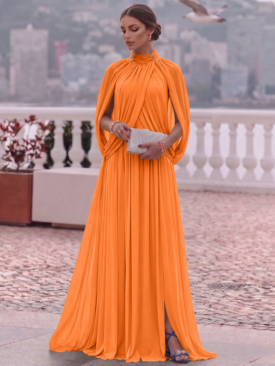 A-Line/Princess Mock Neck Chiffon Evening Dresses Cape Sleeves Floor-Length Ruched Formal Dresses