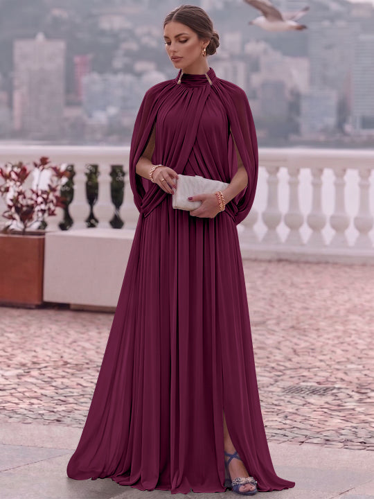 A-Line/Princess Mock Neck Chiffon Evening Dresses Cape Sleeves Floor-Length Ruched Formal Dresses