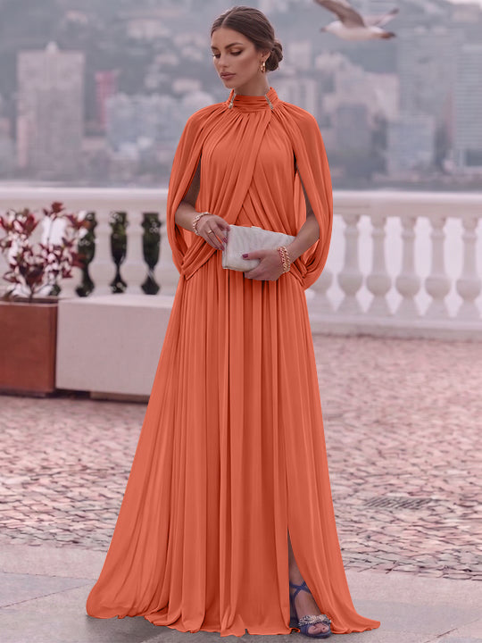 A-Line/Princess Mock Neck Chiffon Evening Dresses Cape Sleeves Floor-Length Ruched Formal Dresses