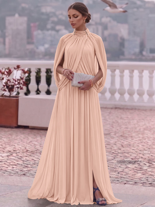 A-Line/Princess Mock Neck Chiffon Evening Dresses Cape Sleeves Floor-Length Ruched Formal Dresses
