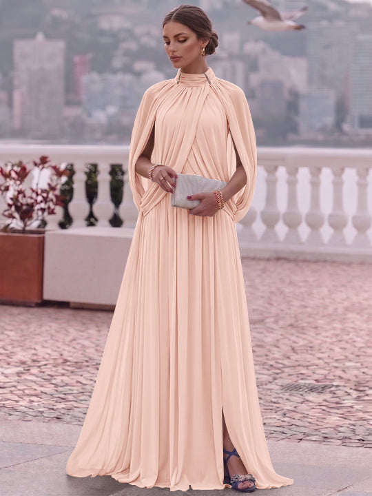 A-Line/Princess Mock Neck Chiffon Evening Dresses Cape Sleeves Floor-Length Ruched Formal Dresses