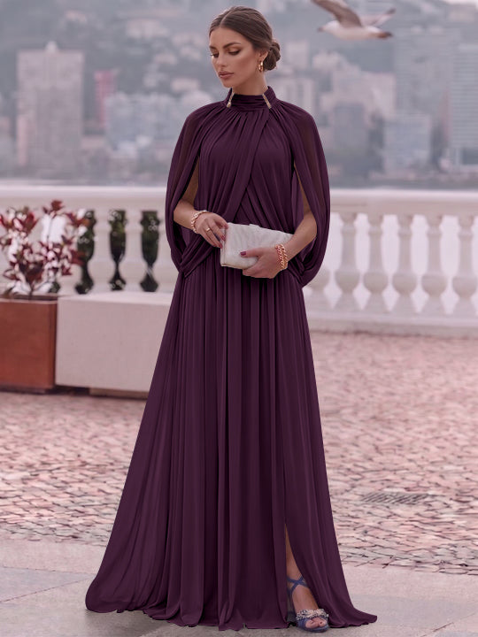 A-Line/Princess Mock Neck Chiffon Evening Dresses Cape Sleeves Floor-Length Ruched Formal Dresses