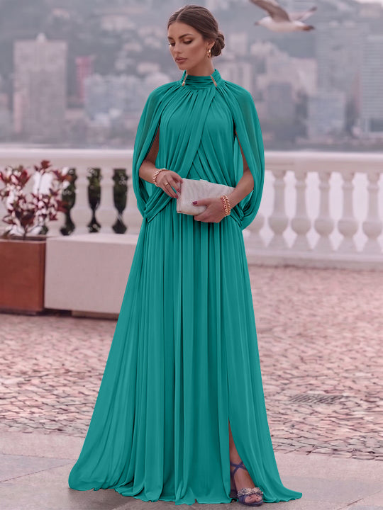 A-Line/Princess Mock Neck Chiffon Evening Dresses Cape Sleeves Floor-Length Ruched Formal Dresses