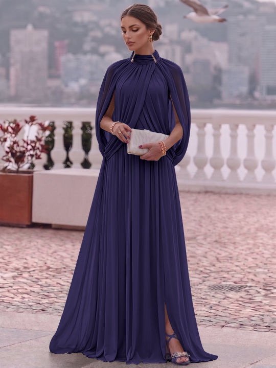 A-Line/Princess Mock Neck Chiffon Evening Dresses Cape Sleeves Floor-Length Ruched Formal Dresses