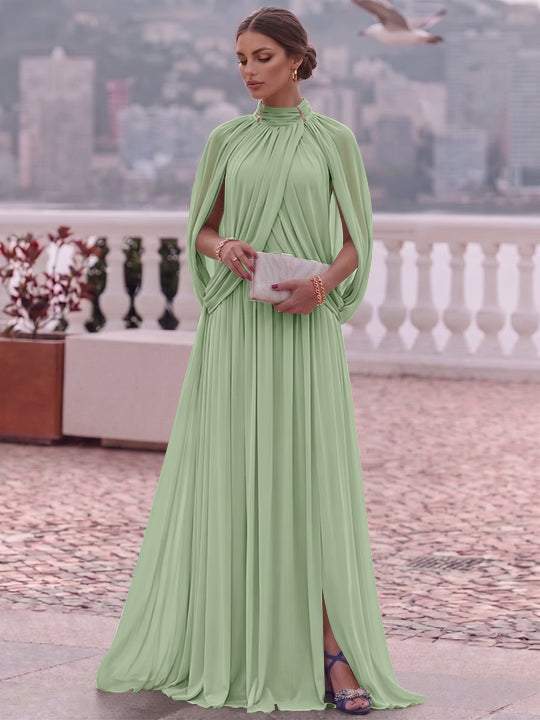 A-Line/Princess Mock Neck Chiffon Evening Dresses Cape Sleeves Floor-Length Ruched Formal Dresses