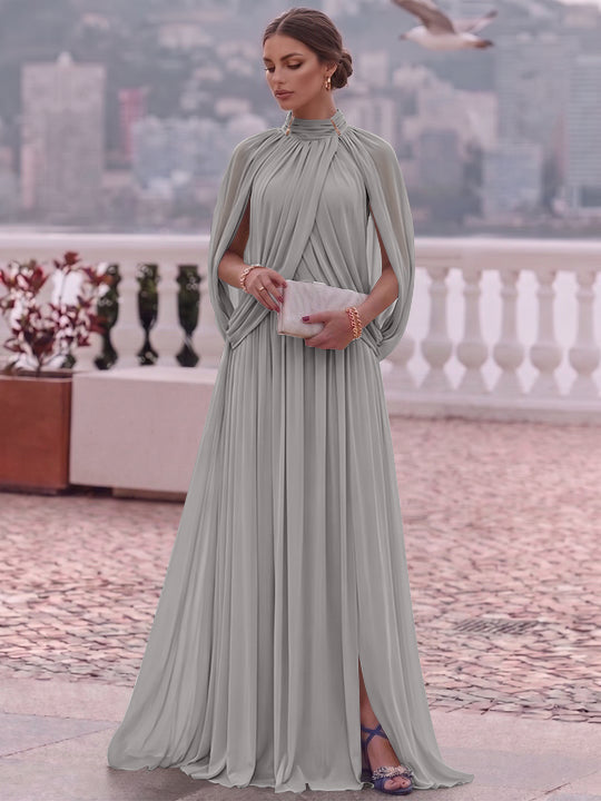 A-Line/Princess Mock Neck Chiffon Evening Dresses Cape Sleeves Floor-Length Ruched Formal Dresses