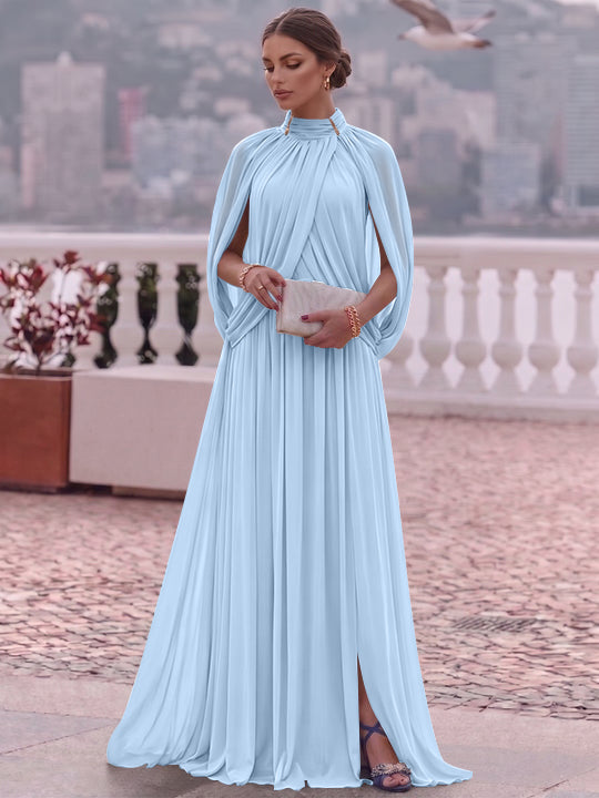 A-Line/Princess Mock Neck Chiffon Evening Dresses Cape Sleeves Floor-Length Ruched Formal Dresses