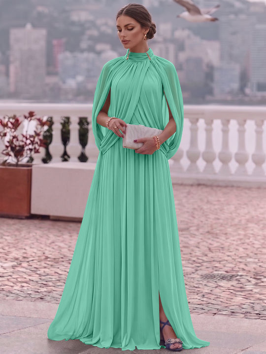 A-Line/Princess Mock Neck Chiffon Evening Dresses Cape Sleeves Floor-Length Ruched Formal Dresses