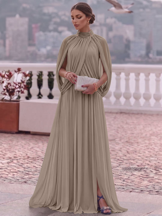 A-Line/Princess Mock Neck Chiffon Evening Dresses Cape Sleeves Floor-Length Ruched Formal Dresses
