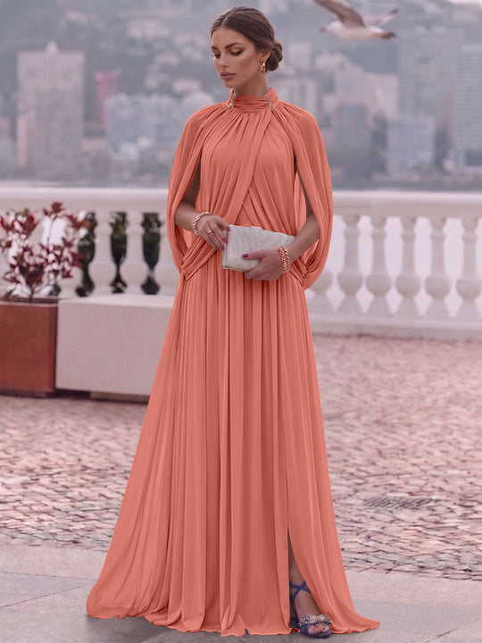 A-Line/Princess Mock Neck Chiffon Evening Dresses Cape Sleeves Floor-Length Ruched Formal Dresses