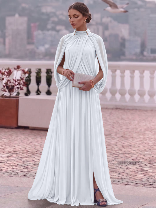 A-Line/Princess Mock Neck Chiffon Evening Dresses Cape Sleeves Floor-Length Ruched Formal Dresses