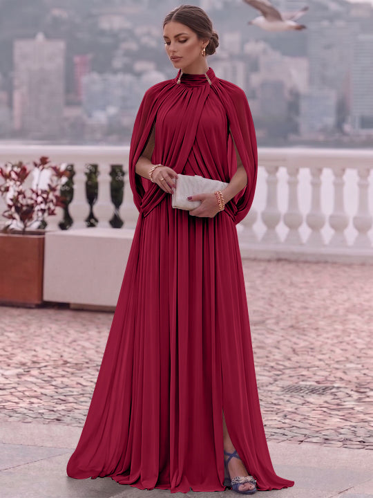A-Line/Princess Mock Neck Chiffon Evening Dresses Cape Sleeves Floor-Length Ruched Formal Dresses