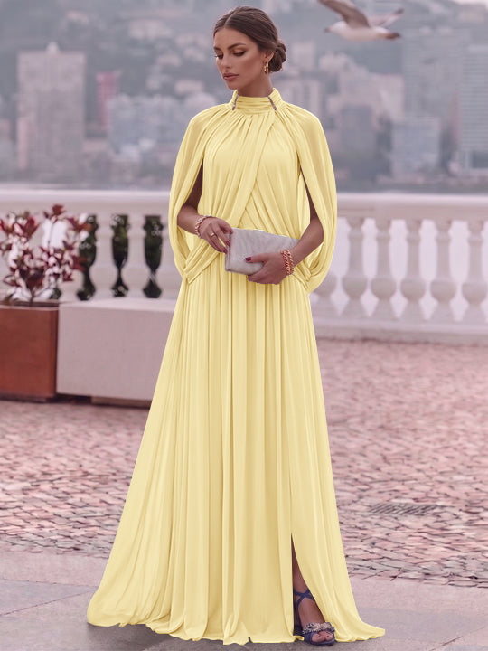A-Line/Princess Mock Neck Chiffon Evening Dresses Cape Sleeves Floor-Length Ruched Formal Dresses