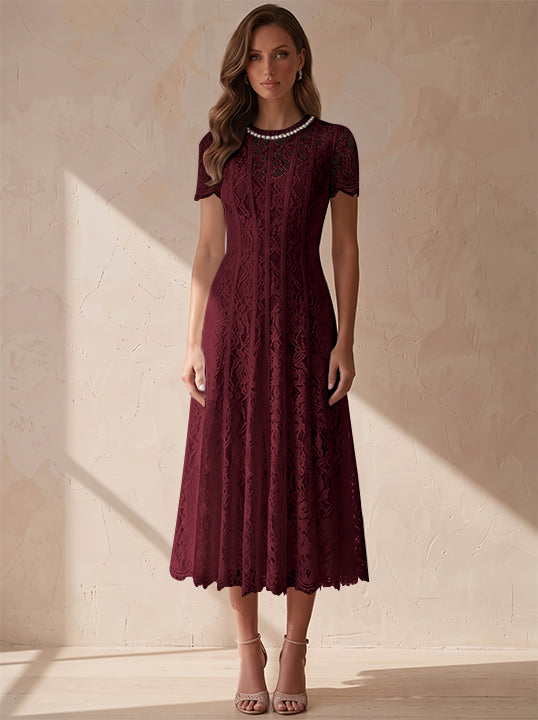 A-Line/Princess Scoop Lace Cocktail Dresses Tea-Length Little White Dresses Beading Short Sleeves Party Dresses