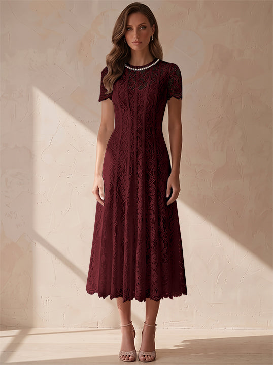 A-Line/Princess Scoop Lace Cocktail Dresses Tea-Length Little White Dresses Beading Short Sleeves Party Dresses