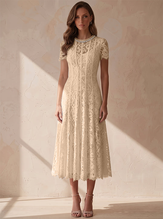 A-Line/Princess Scoop Lace Cocktail Dresses Tea-Length Little White Dresses Beading Short Sleeves Party Dresses
