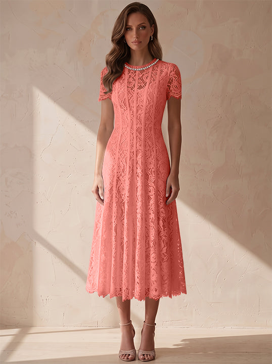 A-Line/Princess Scoop Lace Cocktail Dresses Tea-Length Little White Dresses Beading Short Sleeves Party Dresses