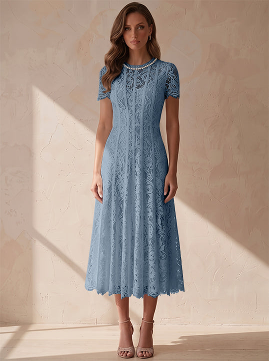 A-Line/Princess Scoop Lace Cocktail Dresses Tea-Length Little White Dresses Beading Short Sleeves Party Dresses