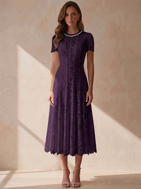 A-Line/Princess Scoop Lace Cocktail Dresses Tea-Length Little White Dresses Beading Short Sleeves Party Dresses