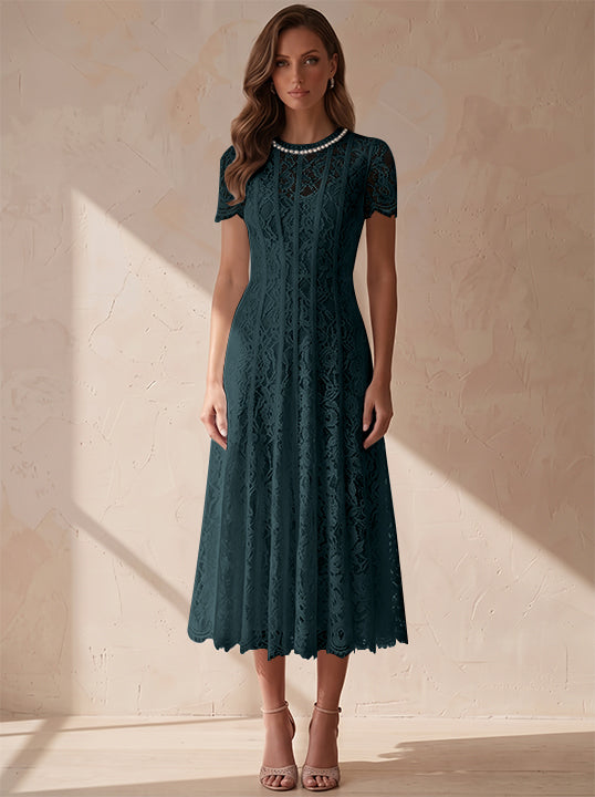 A-Line/Princess Scoop Lace Cocktail Dresses Tea-Length Little White Dresses Beading Short Sleeves Party Dresses