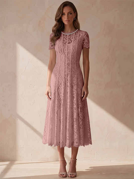 A-Line/Princess Scoop Lace Cocktail Dresses Tea-Length Little White Dresses Beading Short Sleeves Party Dresses