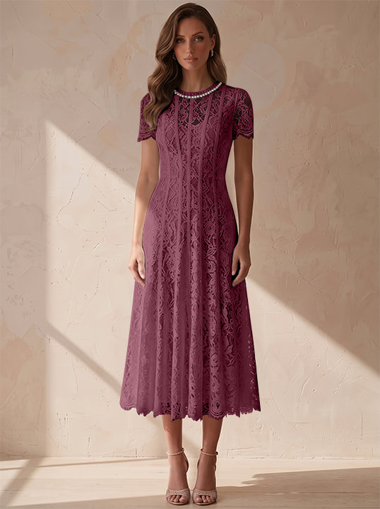 A-Line/Princess Scoop Lace Cocktail Dresses Tea-Length Little White Dresses Beading Short Sleeves Party Dresses
