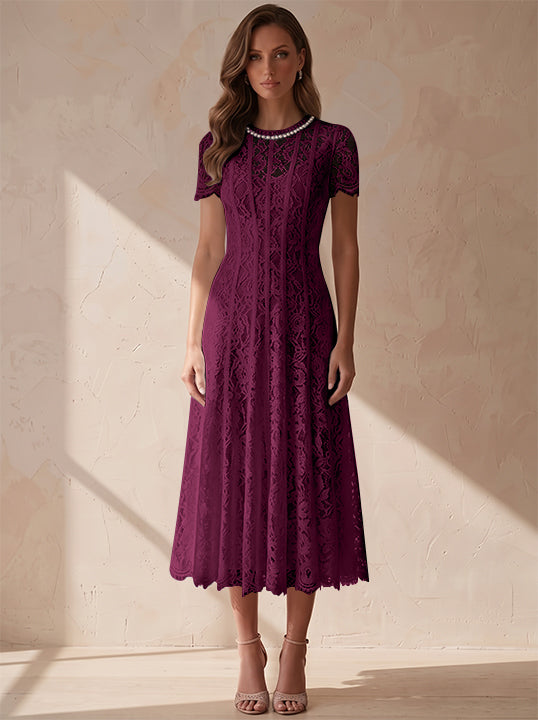 A-Line/Princess Scoop Lace Cocktail Dresses Tea-Length Little White Dresses Beading Short Sleeves Party Dresses