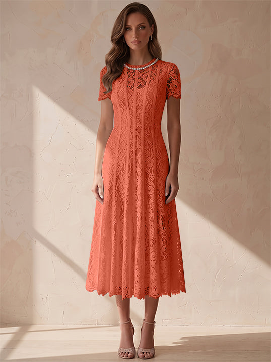 A-Line/Princess Scoop Lace Cocktail Dresses Tea-Length Little White Dresses Beading Short Sleeves Party Dresses