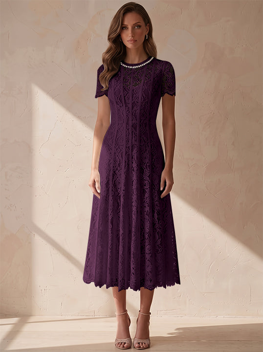 A-Line/Princess Scoop Lace Cocktail Dresses Tea-Length Little White Dresses Beading Short Sleeves Party Dresses
