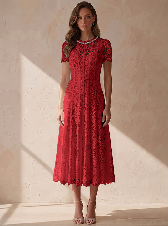 A-Line/Princess Scoop Lace Cocktail Dresses Tea-Length Little White Dresses Beading Short Sleeves Party Dresses