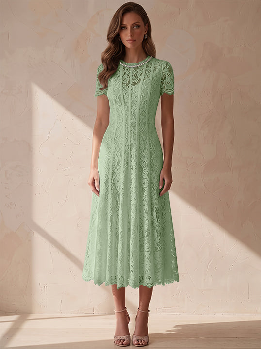 A-Line/Princess Scoop Lace Cocktail Dresses Tea-Length Little White Dresses Beading Short Sleeves Party Dresses