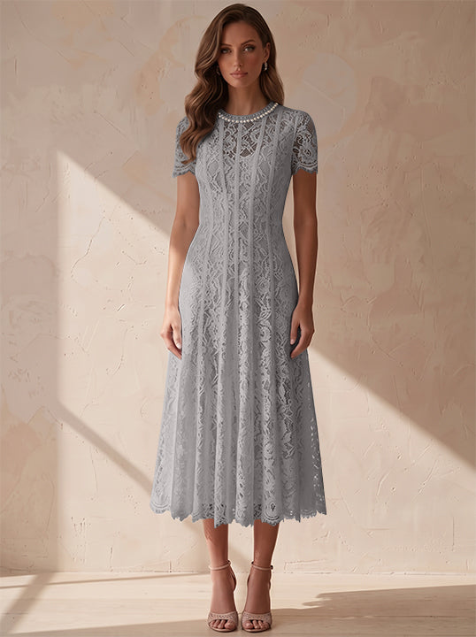 A-Line/Princess Scoop Lace Cocktail Dresses Tea-Length Little White Dresses Beading Short Sleeves Party Dresses